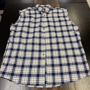 Cabelas Shirt Men 2XLT Tall White Blue Plaid Button Down Workwear Casual Cut Off